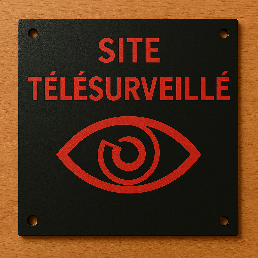 Panneau site télésurveillé en plexiglas noir gravé au laser avec pictogramme rouge