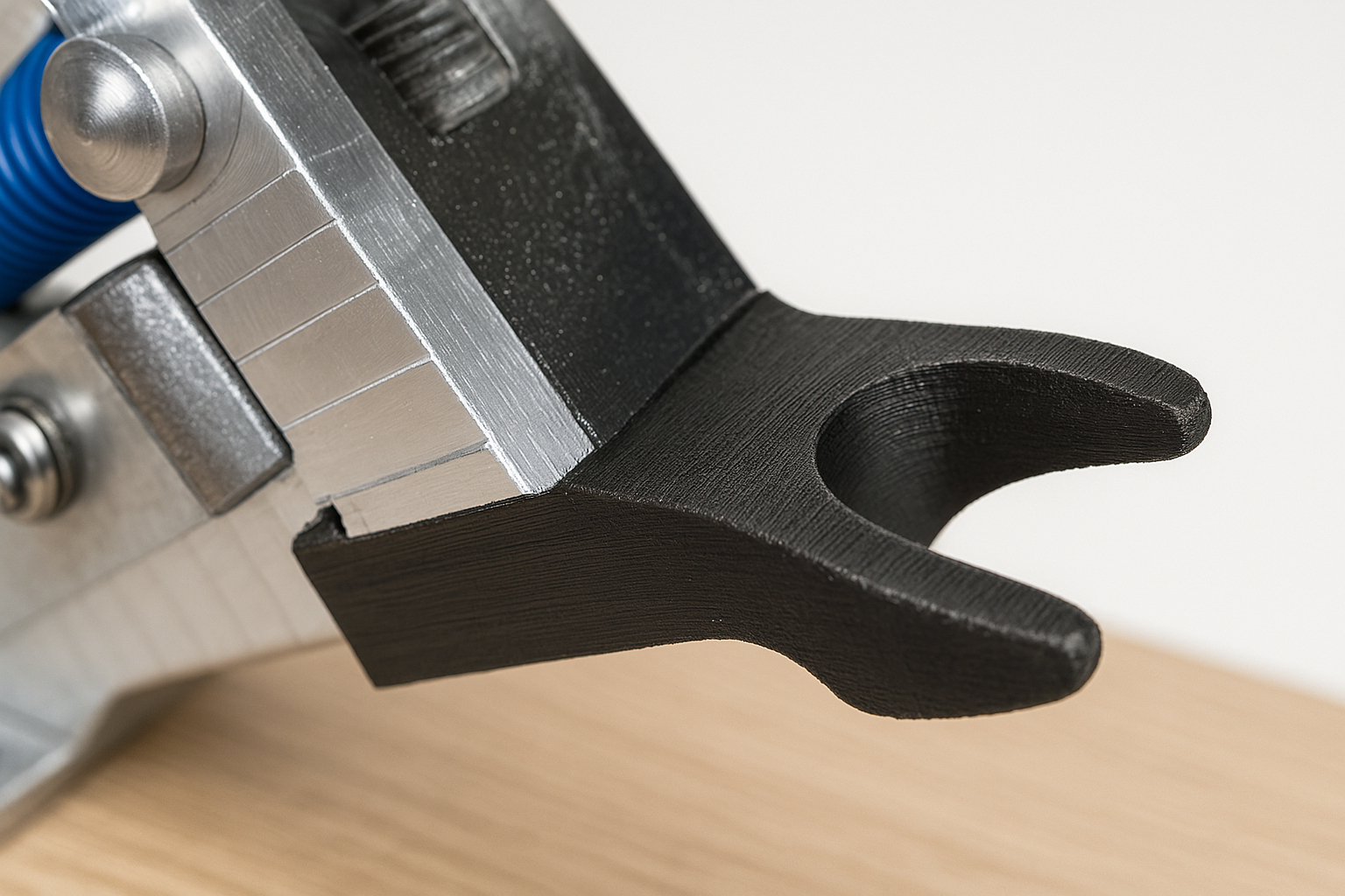 Pièce fonctionnelle noire imprimée en 3D montée sur un outil en aluminium