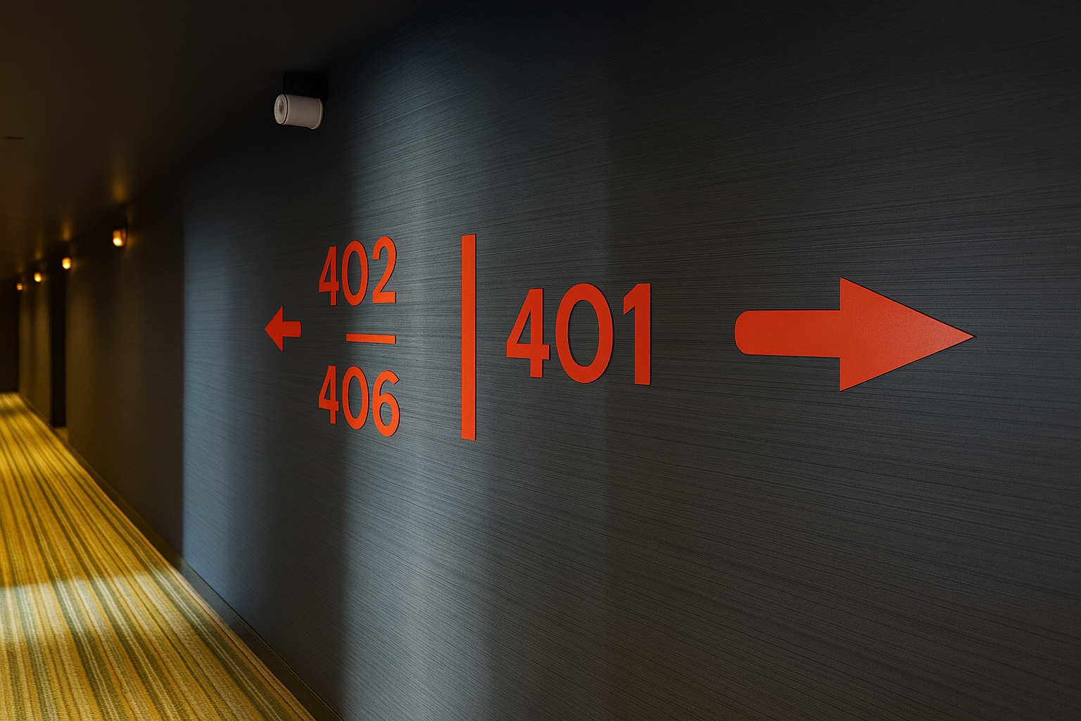 Signalétique d'hôtel découpée au laser : numéros de chambres orange sur mur sombre