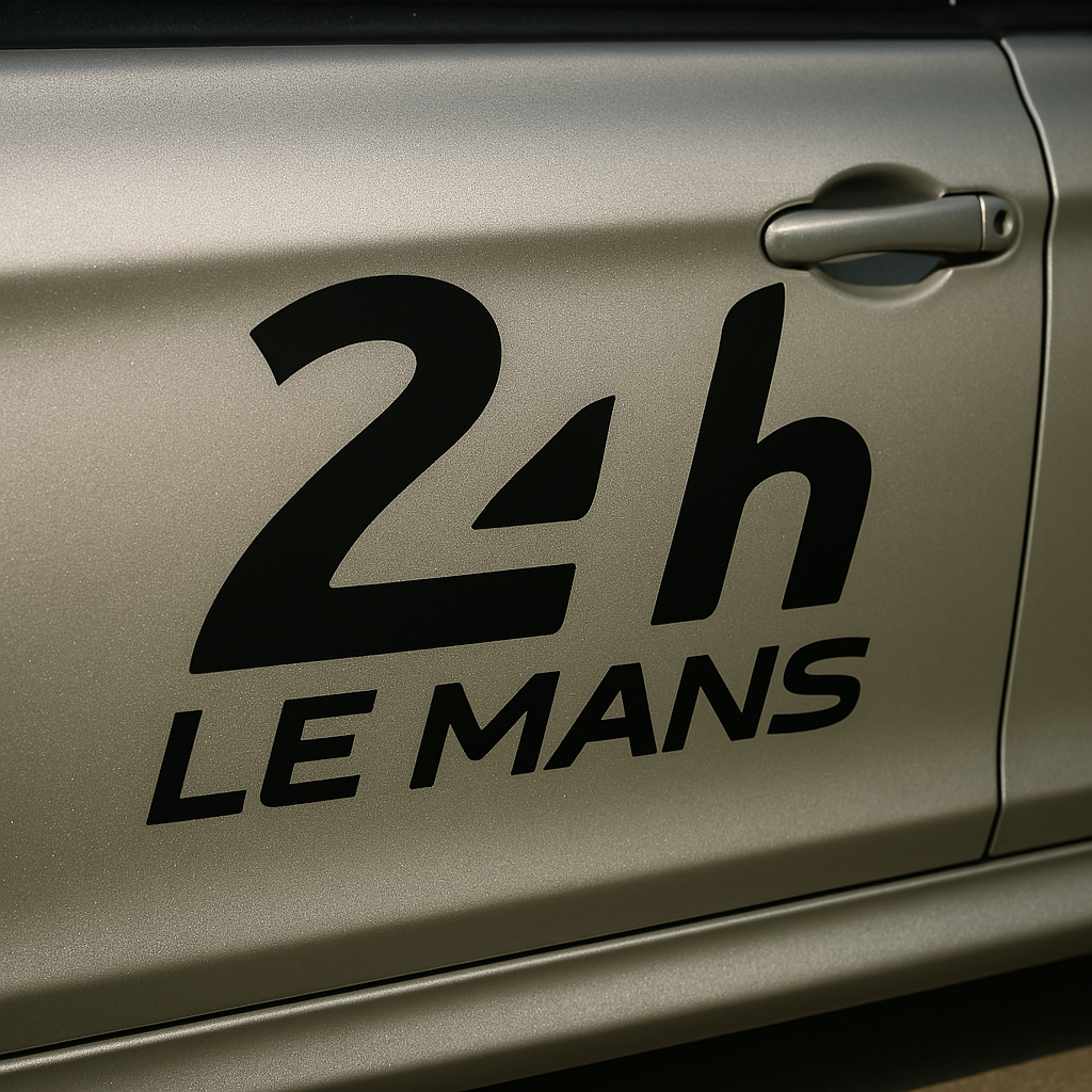 Sticker 24h Le Mans en vinyle noir posé sur la portière d'une voiture grise